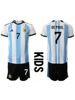 Argentinien Rodrigo de Paul #7 Heimtrikotsatz für Kinder WM 2022 Kurzarm (+ Kurze Hosen)
